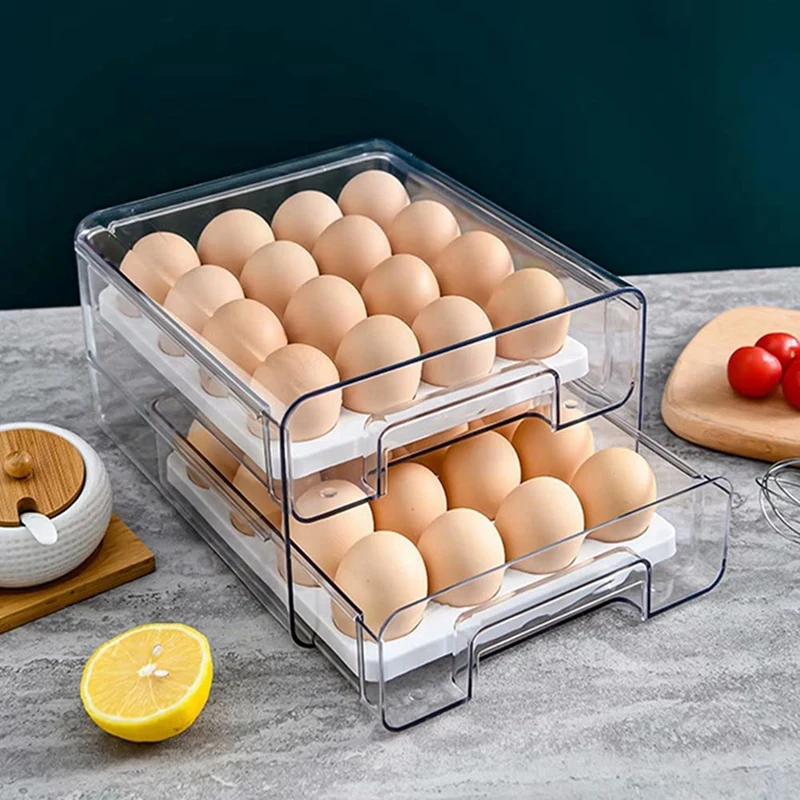 

Egg Holder For Refrigerator With Removable Tray 32 Grid 2-Layer Drawer Type Egg Storage Box Egg Tray For Fridge