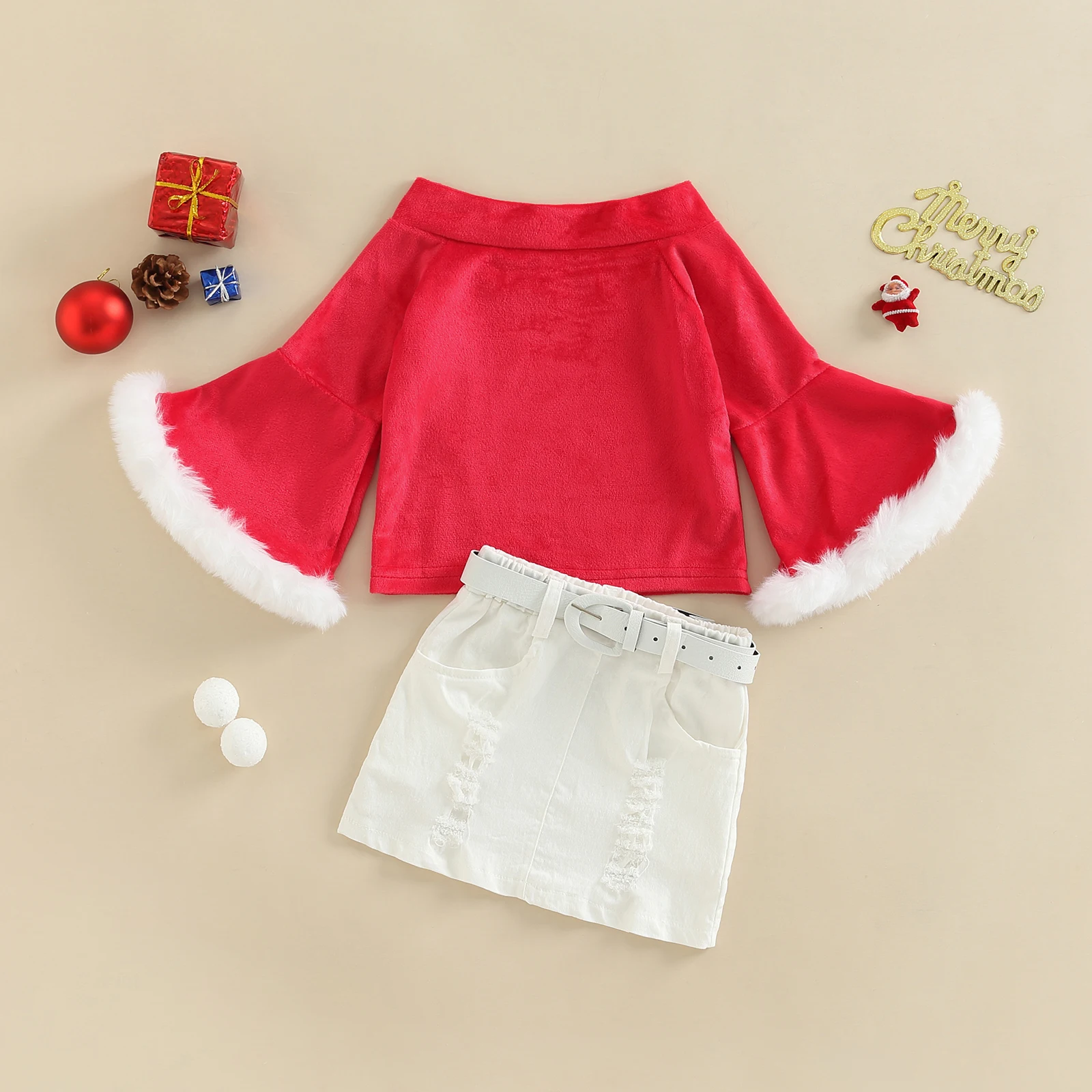 

TR New Autumn Christmas Kids Girls Skirt Suit Red Patchwork Flared Sleeves Pullover A-line Skirt and Waistband Xmas Clothes