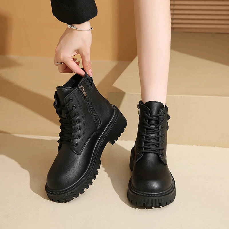 Лидер продаж ботинки на платформе 2024 зимние теплые женские ботильоны корейская