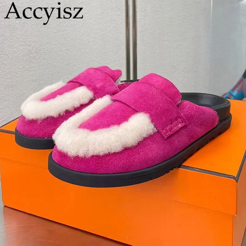 

Autumn Winter Mixed Color Fur Slippers Women Faux Suede Closed Toe Half Slipper Flat Thick Sole Casual Shoes Comfort Mules Shoes