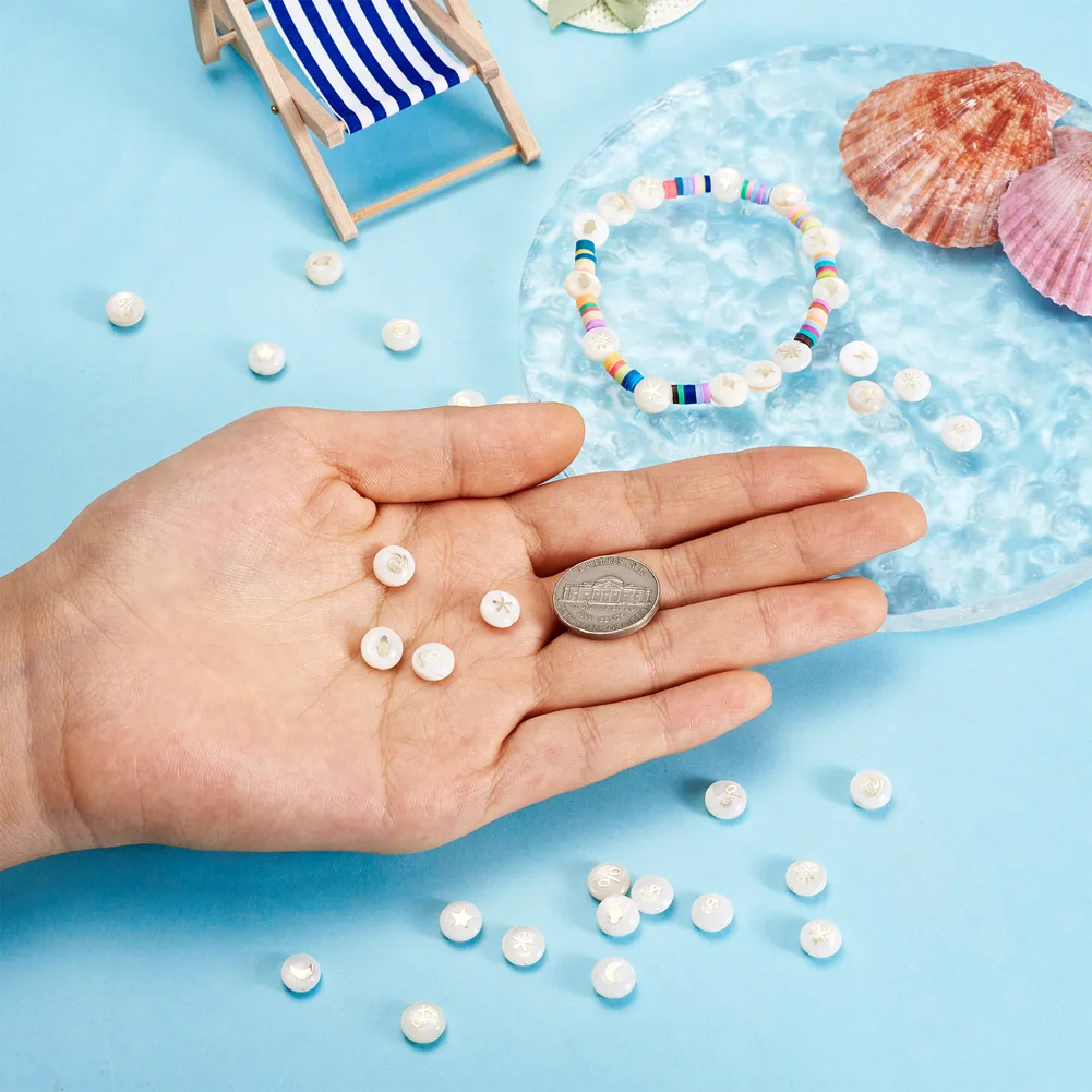 50Pcs Natural Shell Beads Flat Round With Plated Brass Metal Embellishments Loose Spacer Beads For DIY Jewelry Making  8x4.5mm