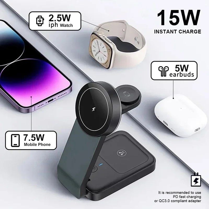 Подставка для беспроводного зарядного устройства 15 Вт 3 в 1 Airpods Pro iWatch 9 8 складная
