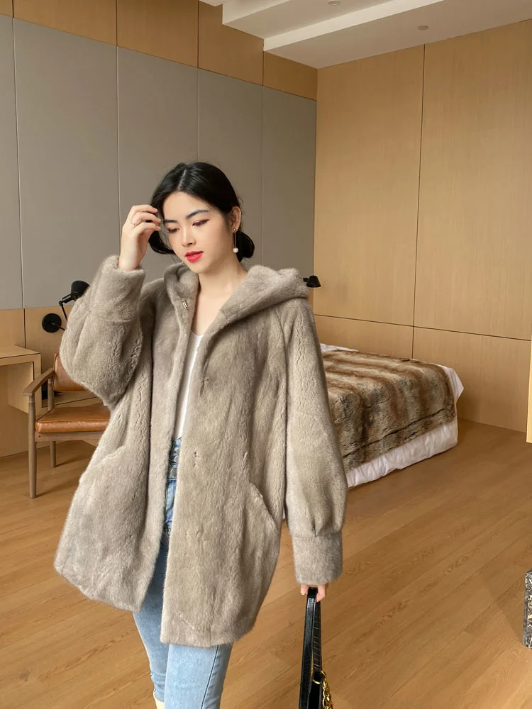 

Women's 2023 Winter Clothing Velvet Young Marten Overcoats Mid-Length Whole Hooded Mink Skin Fur Coat Outerwear Coats