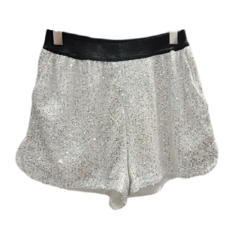 2023 Summer New Elastic High Waist Heavy Industry Sequined Shorts Women A- Line Wide Leg Black Shorts Pantalones Cortos De Mujer