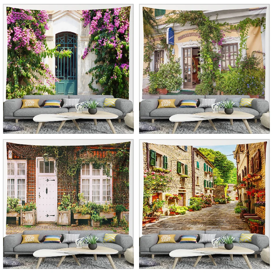 

Aesthetic Tapestry Wall Hanging Boho Room Decor European Town Street Landscape Cloth Wall Tapestry Bedroom Dorm Home Decoration