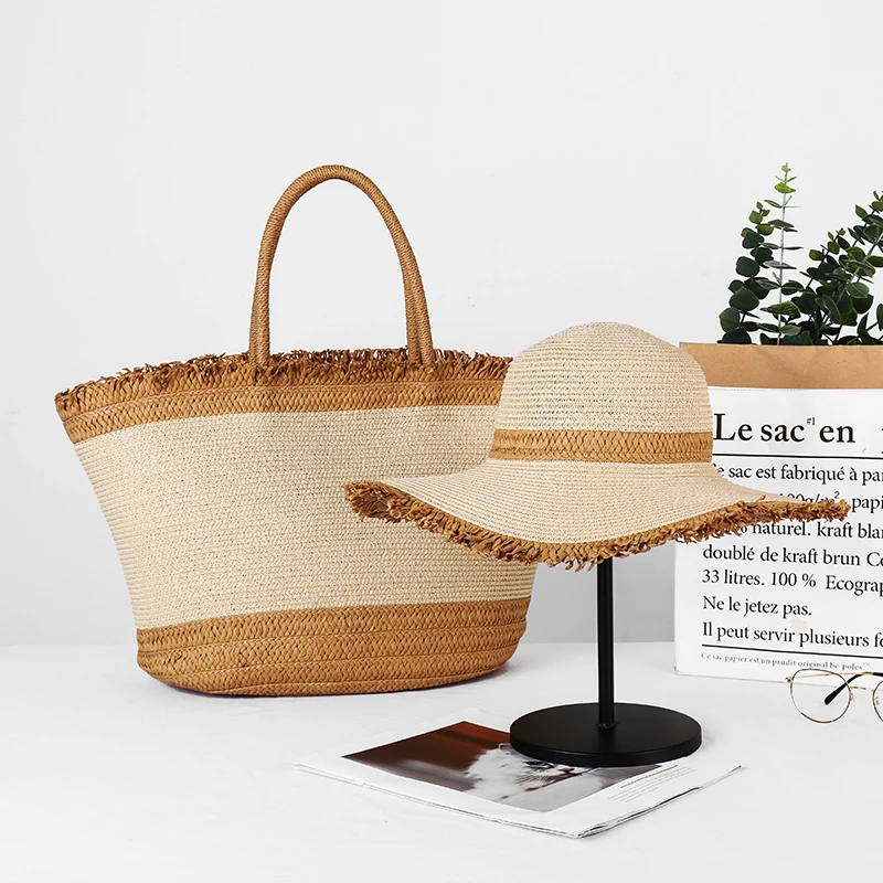 

NEW Two Piece Set Hat For Women Sunshade Sun Hat Large Bag And Hat Unisex Beach Travel Straw Hat Fedoras Summer Sun Hat 2022