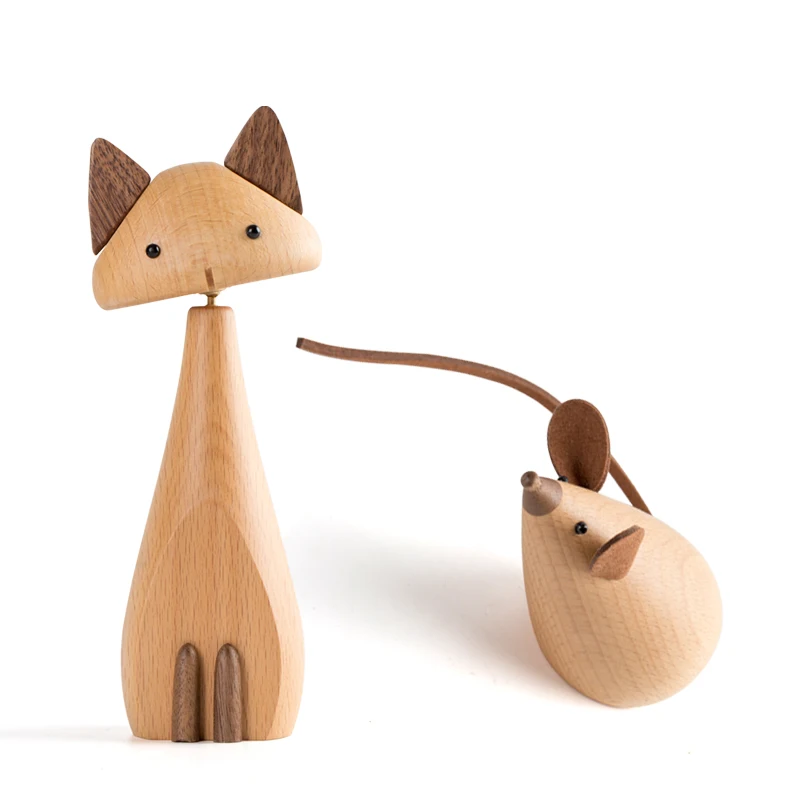 

New Nordic Style Cute Wooden Cat Doll Living Room Bedroom Creative Home Furnishings Natural Beech Wood Crafts Christmas Gifts