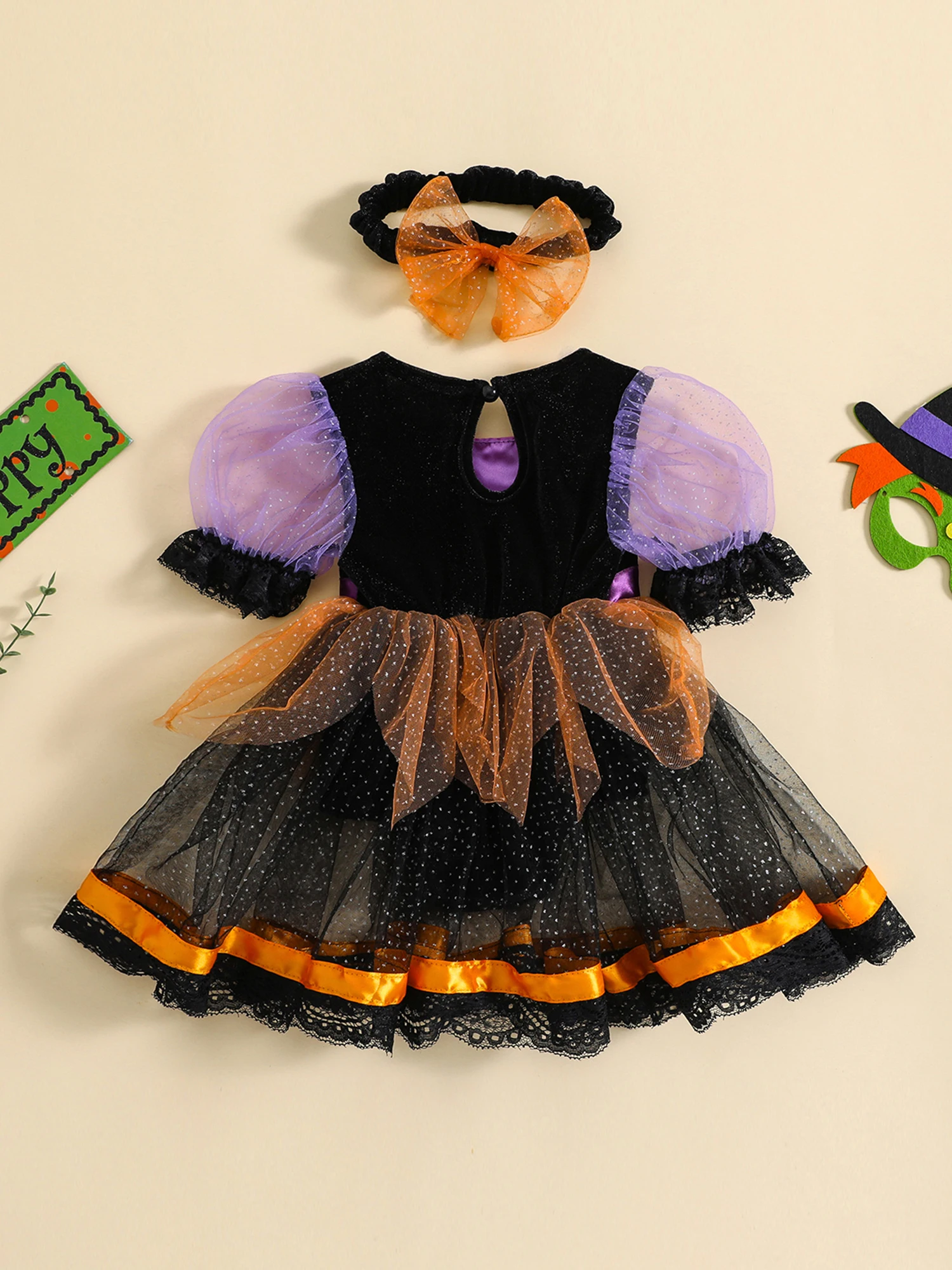 

Очаровательный костюм на Хэллоуин для маленьких девочек, комбинезон, платье с юбкой-пачкой и повязкой на голову, комплект с пышными рукавами и бантом