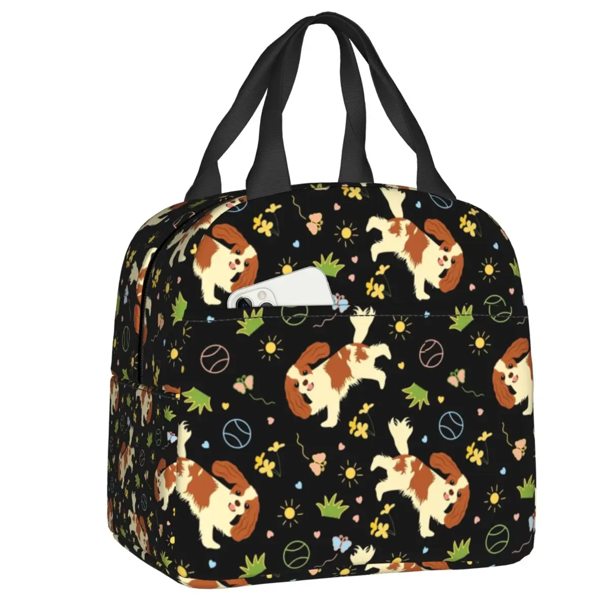 

Playing The Cavalier King Charles Spaniel Insulated Lunch Bag for Work School Pet Dog Cooler Thermal Bento Box Women Children