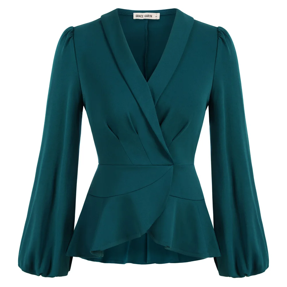 

GK Women Vintage Long Sleeves Blouse Shawl Lapel Tops OL Ladies Irregular Wrap Hem Defined Waist Tops Ruched Front Shirts