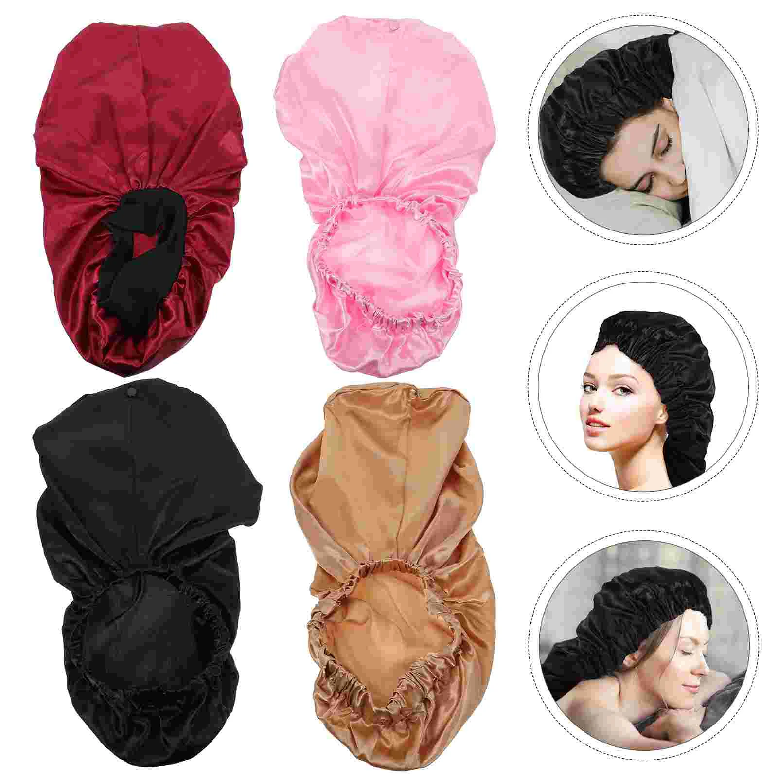 

4PCS Long Tube Satin Nightcaps Elastic Brim Shower Caps with Buckle Care Hair Hats