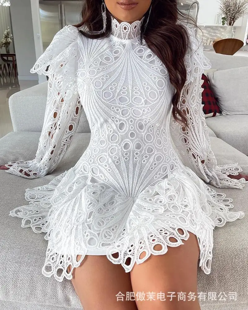 

New retro fashion temperament mini short solid color half-high collar A word waist women's white lace openwork dress