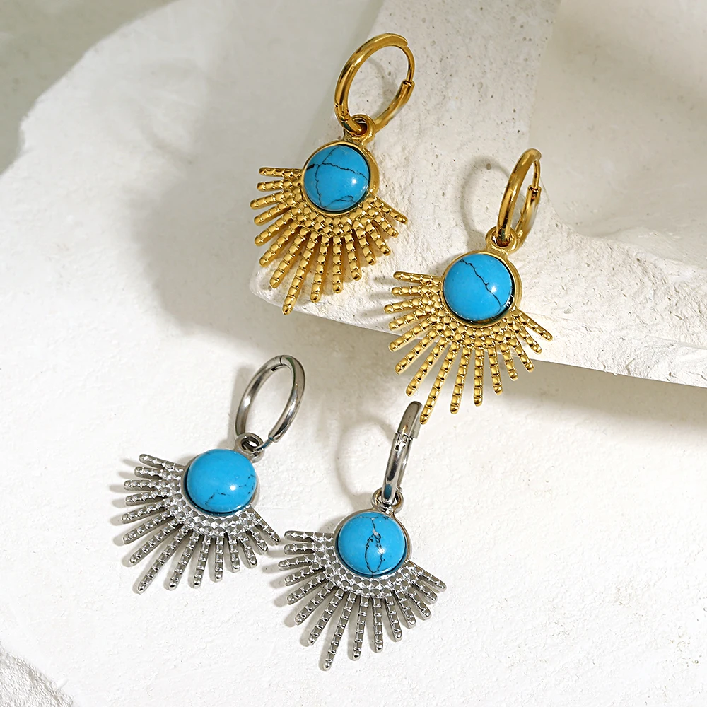 

Natural Turquoise Malachite Stone Devil Eye Earring Vintage Sunflower Heart Stainless Steel Huggies Hoop Earrings Jewelry Gifts