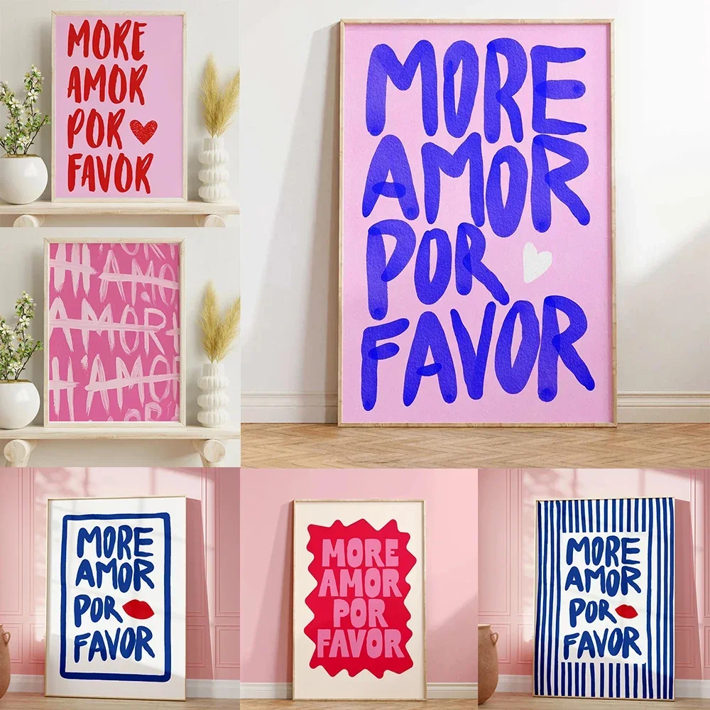 Maximalist More Amor Por Favor Love Quote Настенная живопись на холсте Эклектический синий розовый