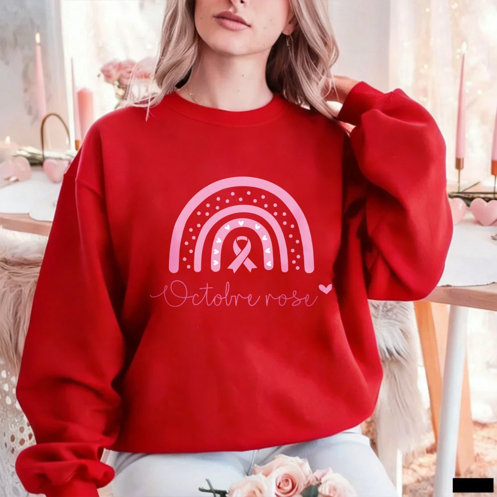 Фото Пуловер Octobre Rose с радужной розовой лентой и принтом, для поддержки борьбы с раком груди, с длинным рукавом, свободного кроя, модный женский свитшот. №4