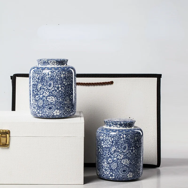 

Цветочная керамическая банка для хранения, сине-белая фарфоровая стандартная Бытовая влагостойкая банка для чая большой емкости, коробка для конфет