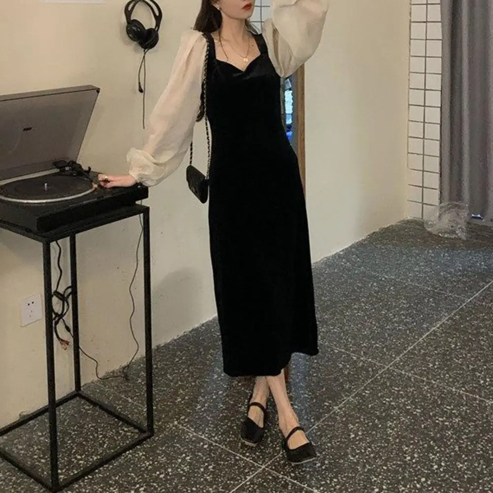 

Women Dress V Neck Puff Sleeves Mid-Waist Pullover Elegant Casual-Wear Hepburn Style French Slim Long Dress Evening Party Clothi