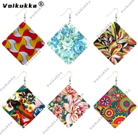 voikukka jewelry square pendant both sides print flower painting pattern wood africa style earrings for women gifts accessories