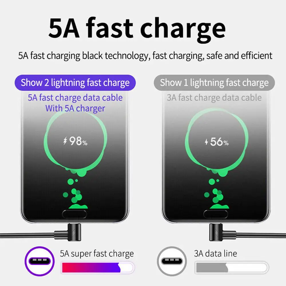 

5A USB Type C Charger Data Cable Fast Charging For Huawei P30 Pro Samsung S10 + Super Fast Charge TYPE-C Elbow Data Cable