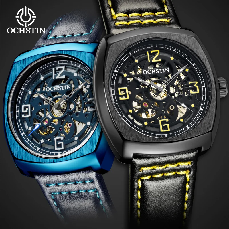 

OCHSTIN Automatic Mechanical Self-Winding Men Watch Square Case Hollow Out Leather Strap Skeleton Wrist Watch Male Waterproof