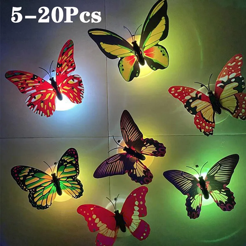 10/20 Pcs LED Colorful Changing Butterfly Glowing Wall Decals Night Light Lamp Home Decor DIY Living Room Wall Sticker