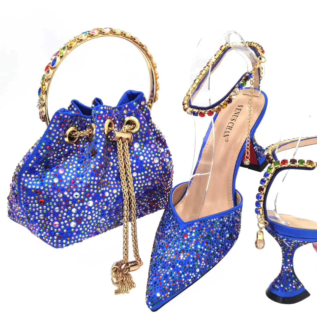 2023 Blue Color Popular Pointed Full Of Diamonds And Shiny Shoes With Bag Banquet Shoes And Bags And Friends Party