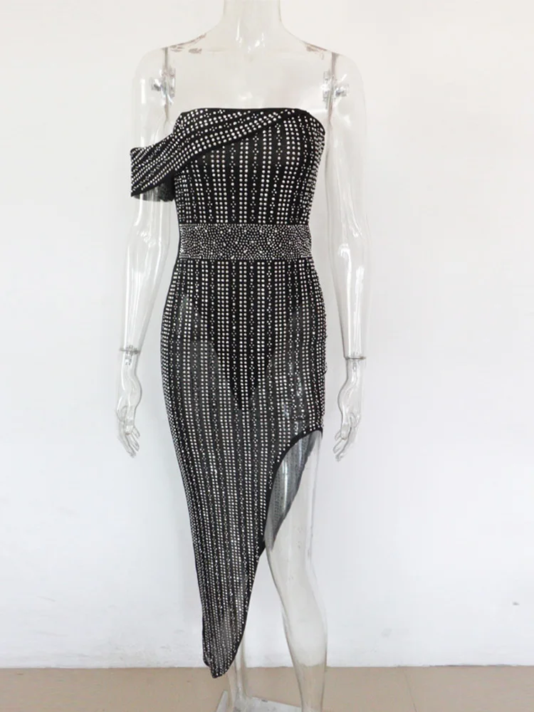 Beyprern Sparkle Off Shoulder Black Crystal Midi Dress Womens Glam Rhinestone Studded Asymmetrical Party Dress Birthday Outfits