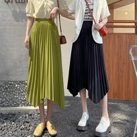 black and green irregular pleated skirt women 2022 summer elastic waist a line elegant office lady korean fashion midi skirts