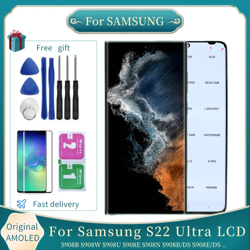 Original S22 Ultra 5G LCD Display For Samsung Galaxy S22 Ultra AMOLED S908B S908E S908W With Frame Touch Screen Digitizer Repair
