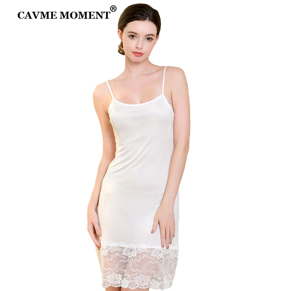 

CAVME 100% Silk Sexy Lace Spaghetti Strap Nightgown Plus Size Underdress Sleepwear Homedress Solid Color Inner Petticoat