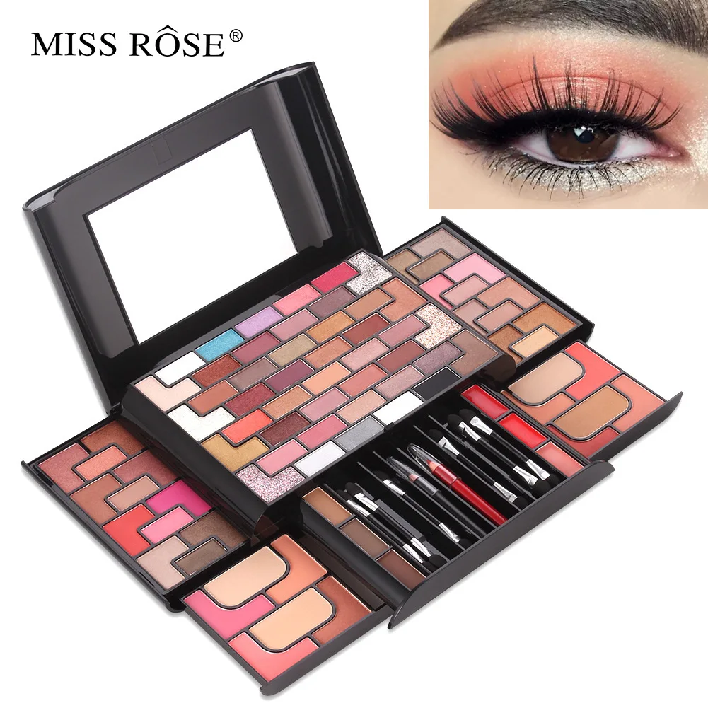 

MISS ROSE 68 Color Eye Shadow 8 Color Blush 4 Pressed Powder 3 Eyebrow Powder Lip Cream Gold Brick Labyrinth Makeup Set DC08