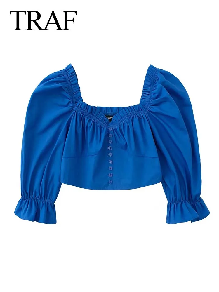 

TRAF Solid Royal Blue Shirt Fungus Side Square Collar Raglan Bubble Half Sleeve Button Cropped Navel Short Top Elastic Slim