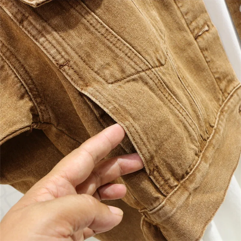 Весенняя винтажная стираная коричневая короткая джинсовая куртка женская