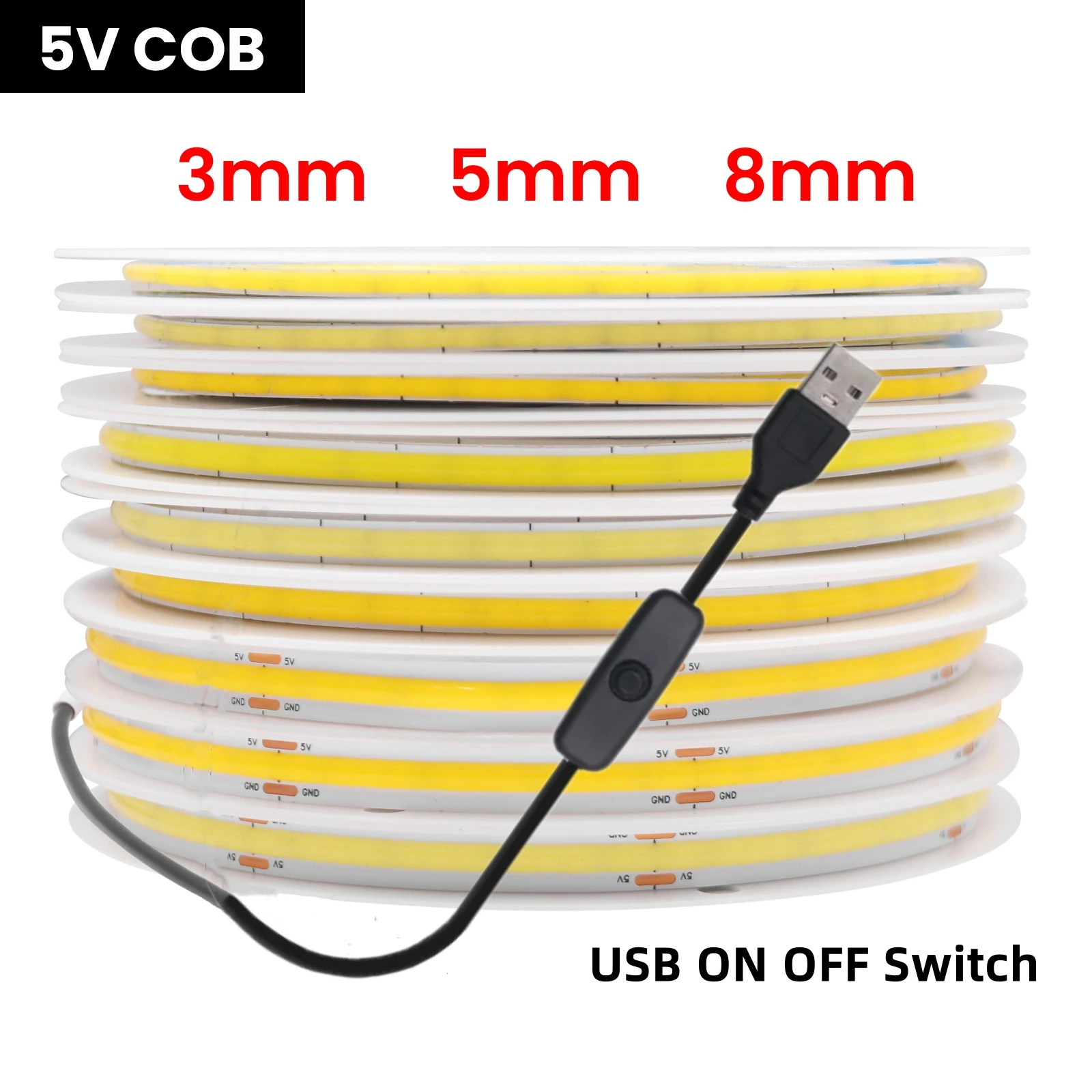

Светодиодная лента COB с регулируемой яркостью USB 3 мм 5 мм 8 мм RA90 высокой плотности 320 светодиодов/м 3000K 4000K 6500K FOB Гибкая лента Веревочная лампа