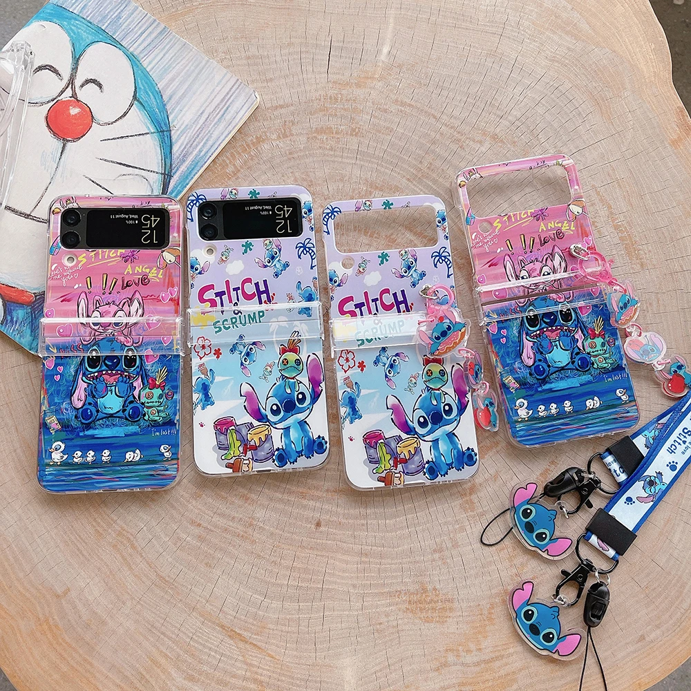 

Disney Stitch With Lanyard Doll Hard Shell Folding Phone Case for Samsung Galaxy Cover ZFlip3 ZFlip4 5G Anti-fall Back Cover