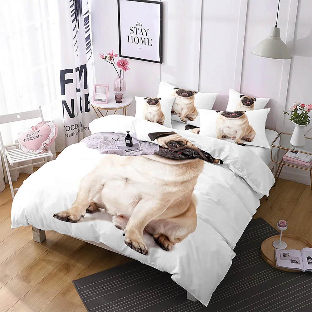 

Dog Duvet Cover Set 3D Animal Theme Polyester King Size Cute Pug Dog Printed Cover for Kids Teen Boy Bedspread Bedding Set Queen