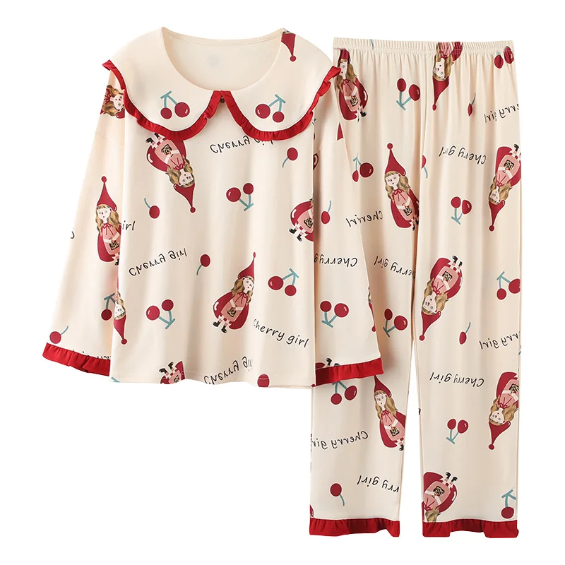 

Большой 3XL 4XL 5XL размера плюс, домашняя одежда из хлопка, длинный рукав, Пижамный пуловер для женщин, Большая одежда для отдыха, одежда для сна с принтом вишни