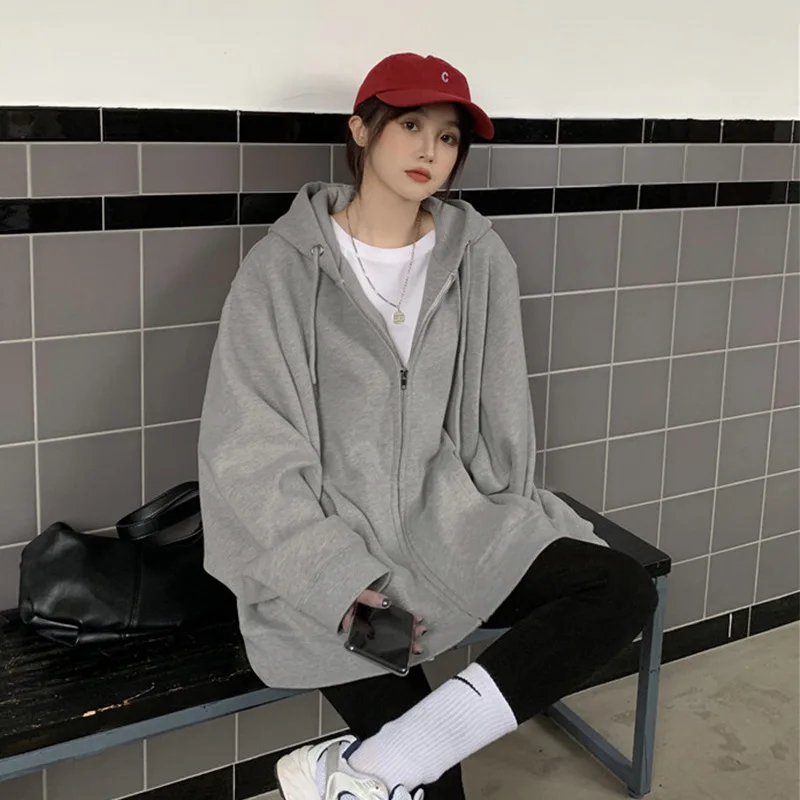 

Gray Oversized Zip Hoodie Harajuku Loose Long Sleeve Women's Sweatshirt Korean Version Hip Hop Street Style Hoodies Oversized