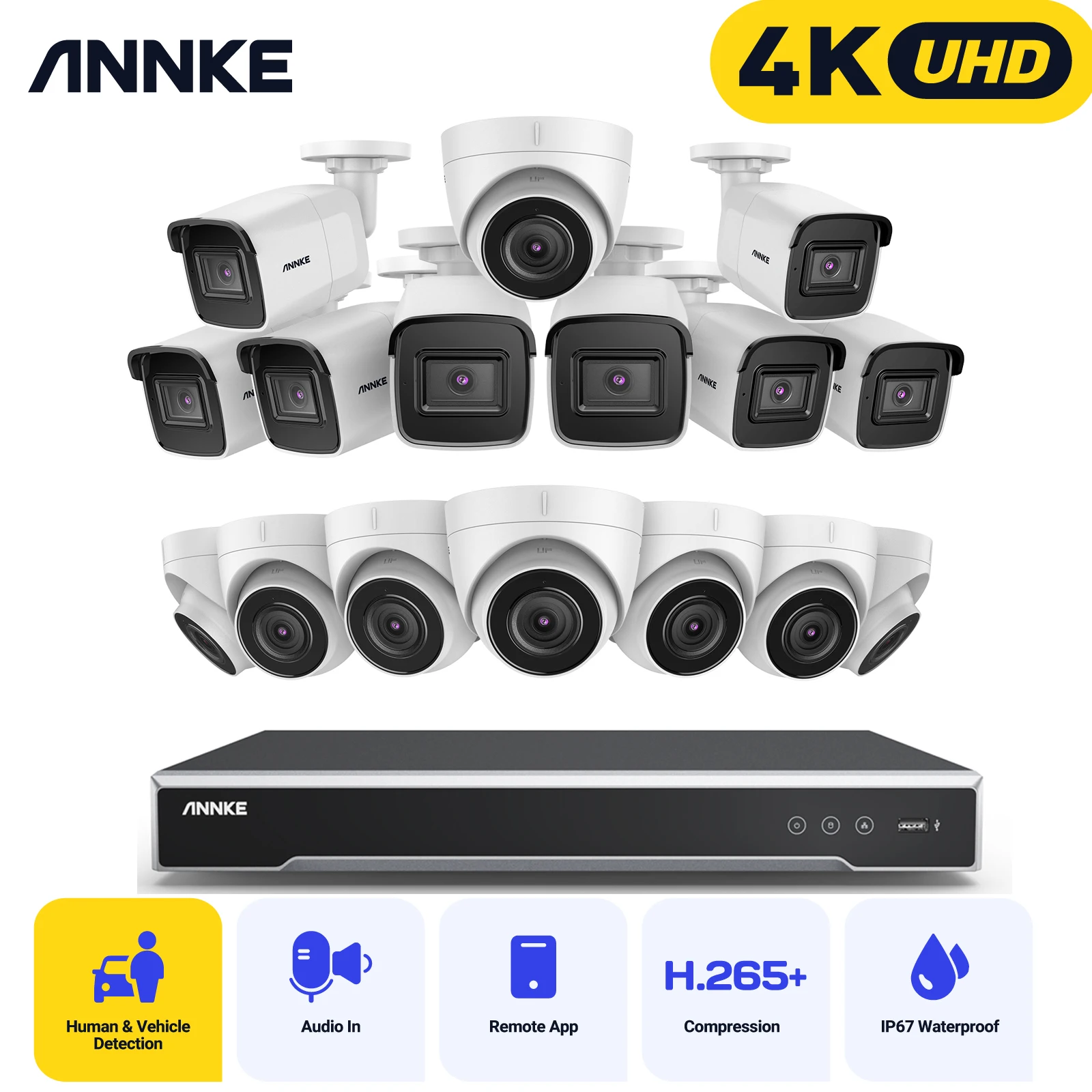 ANNKE ANP1600 16CH 4K Ultra HD POE Network Video Security System H.265+ NVR With 16Pcs 8MP Night Vision Outdoor IP Camera Kits