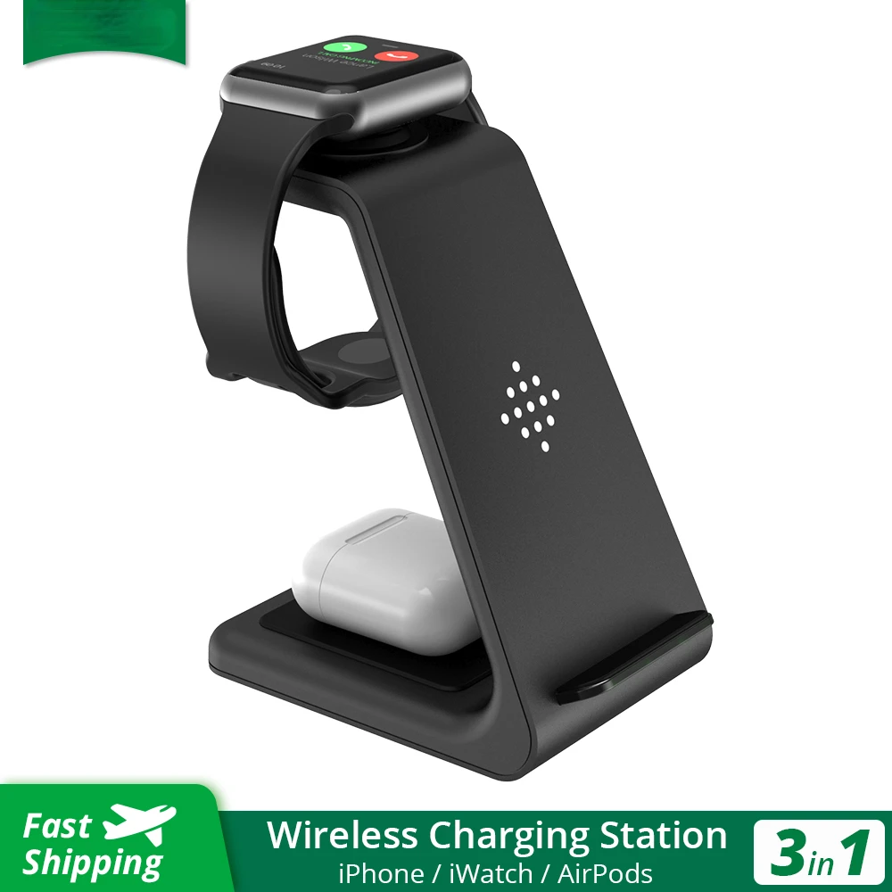 Desktop 3 in 1 Wireless Charging Station for iPhone 8 Plus/12/Samsung S20/Note 10 Qi Wireless Charger for Apple/Airpods 3