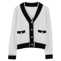 2021 women korean fashion white black sweater elegant sweet cardigans jacket thick sweaters pearl buttons v neck cardigan coat