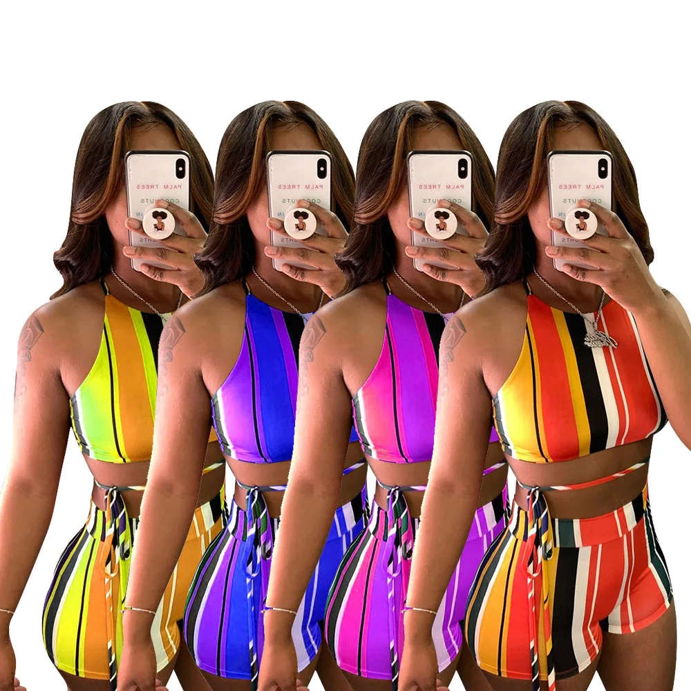 

2023 new summer fashion sexy color striped sleeveless shorts two-piece set