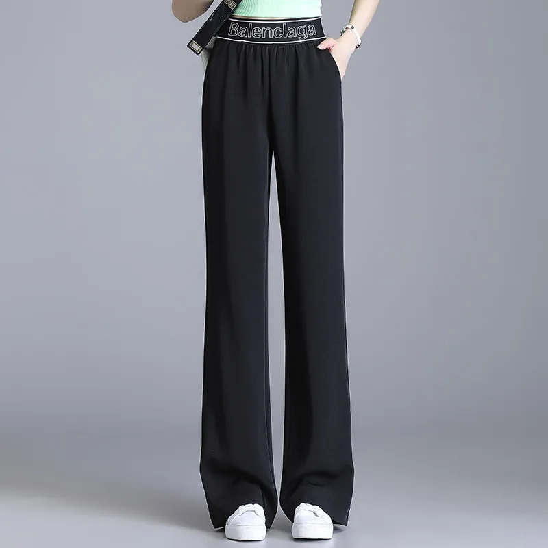 Брюки женские в рубчик с эластичным поясом и широкими штанинами свободные тонкие