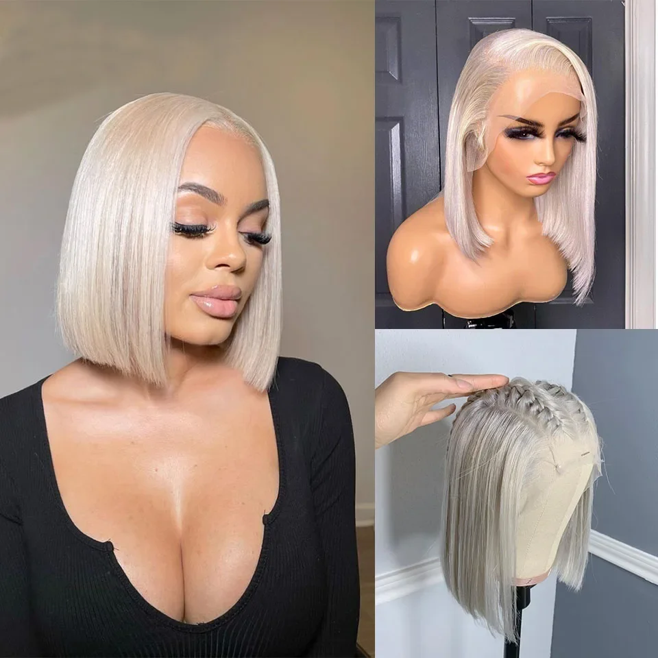 # 60 Платиновый Цвет Короткий Боб Парик 13x4 Парики Фронта Шнурка Для Женщин