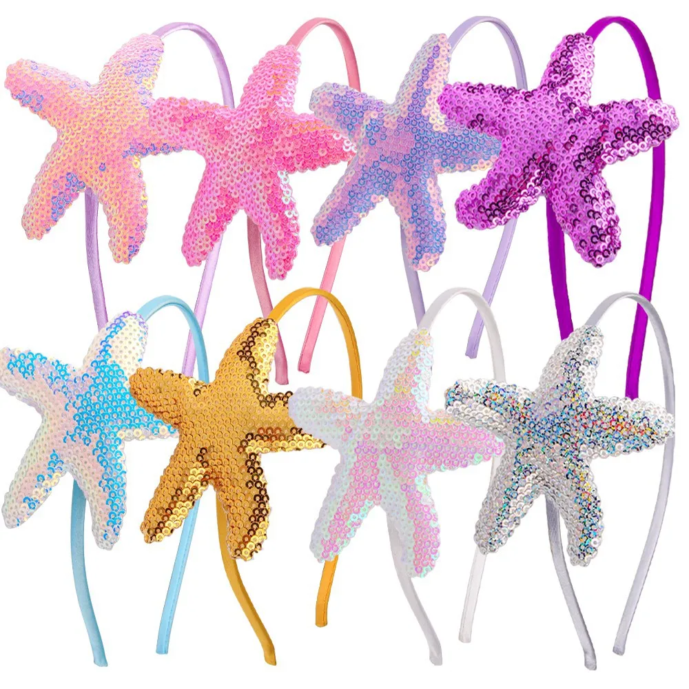 

50Pcs Cute Sequins Starfish Headband Headwear for Kids Baby Girls Sweet Glitter Cartoon Hairband Brithday Party Hair Accessories