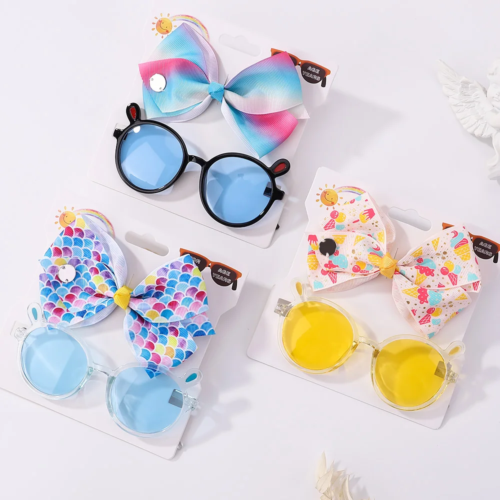 [Очки + заколка для волос] симпатичный мультяшный бант заколка для волос для девочек многоцветный бриллиантовый креативный Набор круглых очков с кошачьими ушками