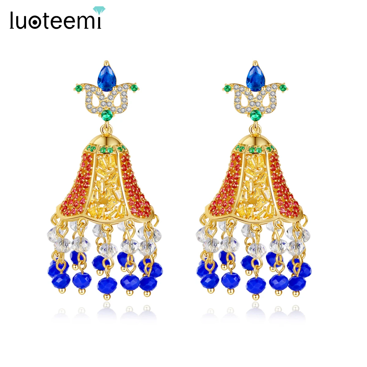 

LUOTEEMI Double Color Indian Design Drop Earrings for Women Ladies Wedding Party Green/Blue Beads Ethnic Brincos Christmas Gifts
