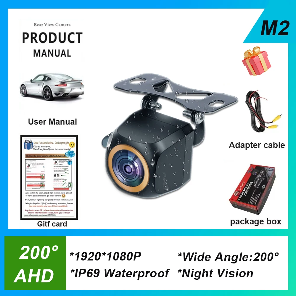 

Передняя камера для AHD 1920x1080P Автомобильная камера заднего вида GcPaSr 170 ° Золотая линза «рыбий глаз» с полным ночным видением, реверсивный автомобиль