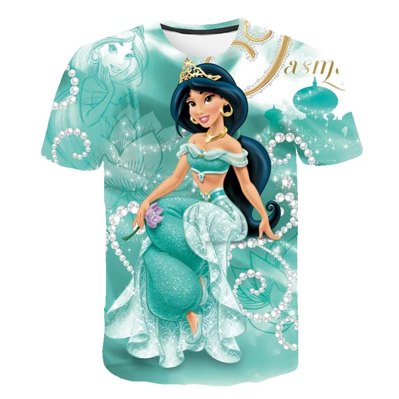 

1-14 Years Cartoon Jasmine Princess Printed Girls T Shirts Clothes Summer Shorts Sleeve O-Neck Cartoon Casual Tops Tees Costumes