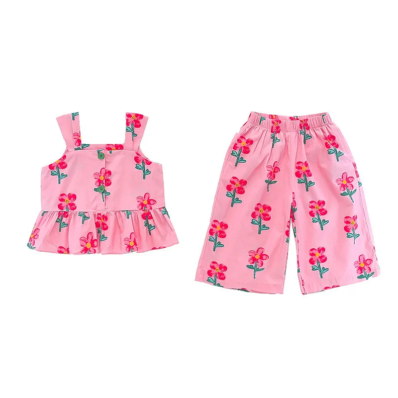 Summer Girls Clothing Sets Floral Print Ruffles Tank Top+Shorts 2Pcs Beach Vacation Baby Kids Clothes Flowers Suit 2 3 4 5 7 9Y